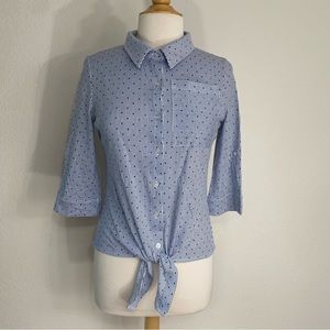 Eight 18 Blue White Stripe Polka Dot Button Front Tie 3/4 Sleeve Shirt Size XS